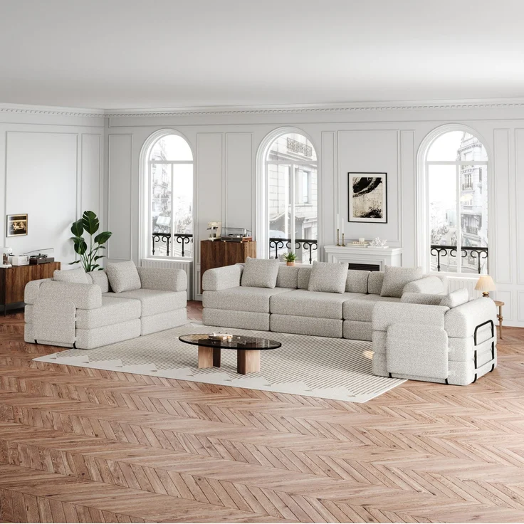 Schlafsofa aus Chenille, 2-in-1 mit Armlehnen-Ablagefach, 274x183,8x69,8 cm, Khaki – Bild 2