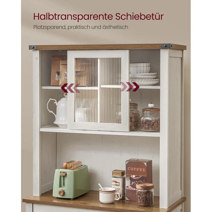 VASAGLE Sideboard mit Beleuchtung und Ladestation, Küchenschrank, Aufbewahrungsschrank, mit Türen und Schubladen, 39,5 x 80,4 x 180,6 cm, verstellbare Ablagen, Landhausstil, vintageweiß – Bild 6