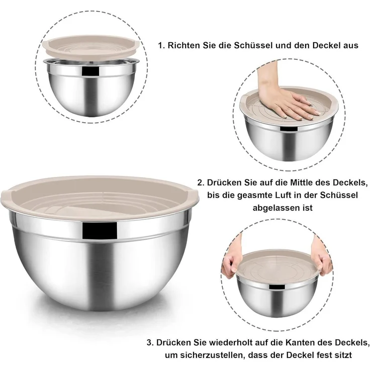 Homikit Edelstahl Rührschüssel Set 5tlg. Luftdicht Deckel 4.5L 2.7L 1.5L 1.2L – Bild 5