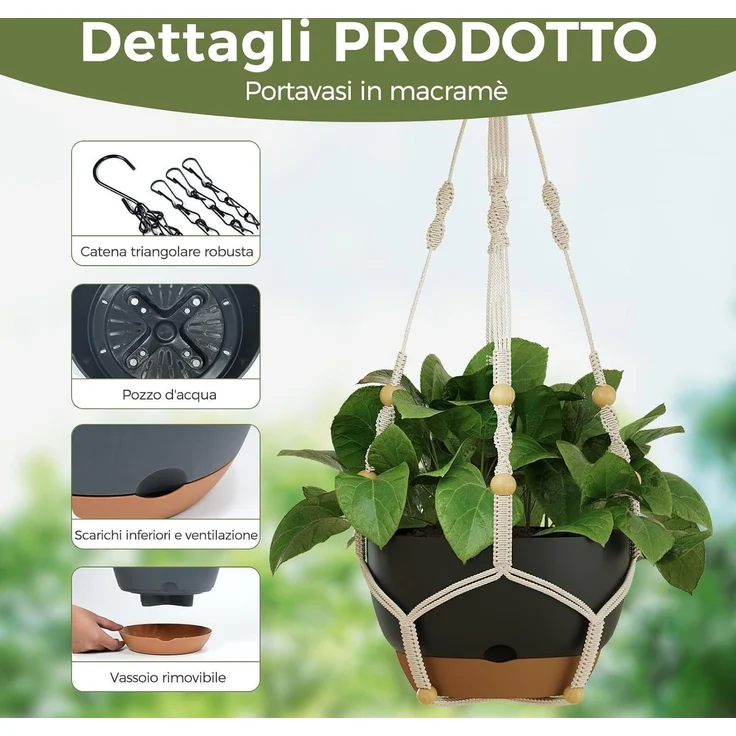 Blumenampeln Makramee 3er Set Selbstbewässerung Kette Schwarz – Bild 5