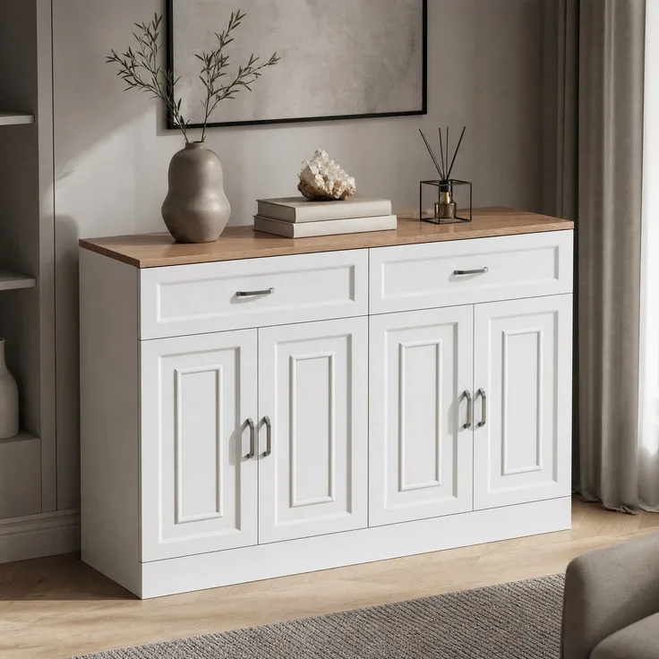 DESVIAE Sideboard mit 4 Türen und 2 Schubladen 120x80,5x35 cm Spanplatte Weiß