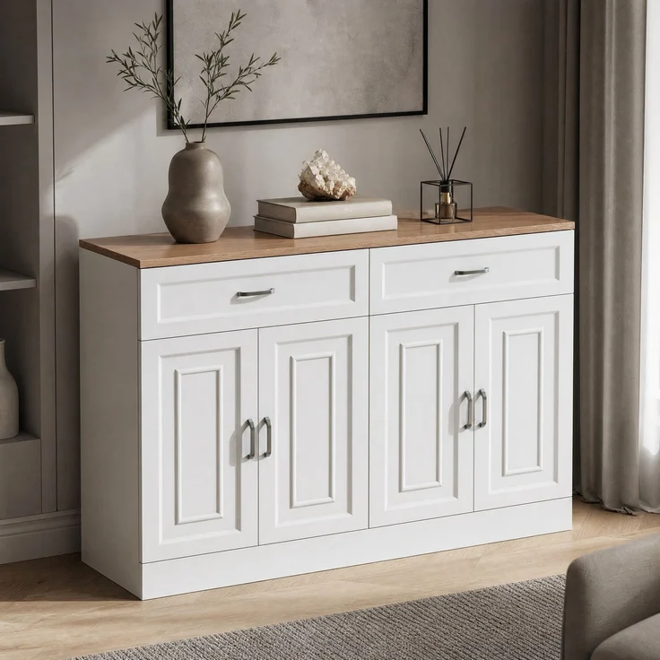 DESVIAE Sideboard mit 4 Türen und 2 Schubladen 120x80,5x35 cm Spanplatte Weiß – Bild 1