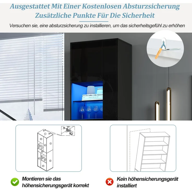 DESVIAE Vitrine mit LED-Beleuchtung und Schublade 55x170x38 cm Spanplatte Glas Schwarz – Bild 4