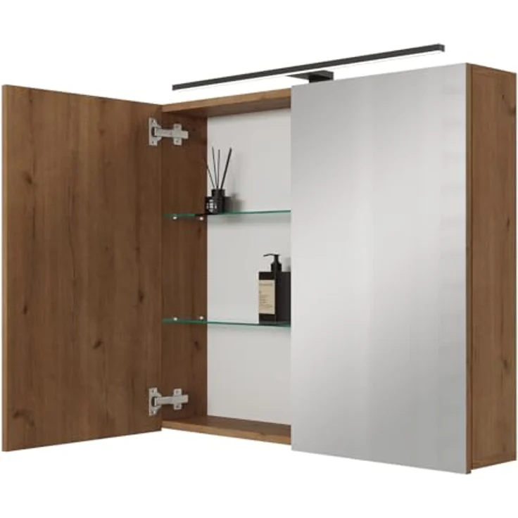 Planetmöbel ARIA Spiegelschrank Bad mit Beleuchtung 80 cm breit | Badschrank hängend mit Spiegel | Gold Eiche, mit Leuchte und Steckdose, Spiegelschrank Gäste WC 80 x 70 x 16 cm – Bild 2