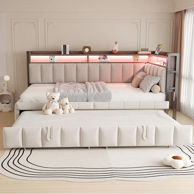 CHICFURN Bett Schlafsofa aus Samtstoff Beige 90x200 cm mit Ausziehbett, LED-Beleuchtung und USB- und Type-C-Anschlüssen – Bild 1