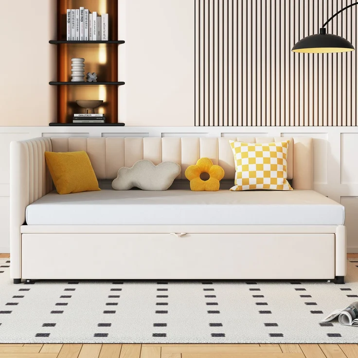 Multifunktionales L-förmiges Schlafsofa mit Ausziehbett 90/180*200cm, Polsterbett in Samtstoff, platzsparendes Design für Kinderbett, Gästebett Beige – Bild 3