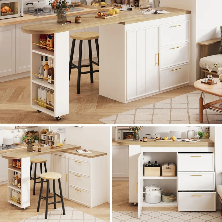 Bartisch Tisch mit 360° Drehfunktion, Verstellbare Regale & Kippschutz, 3 Schubladen & Seitenablage, Vielseitiger Stehtisch für Esszimmer, Wohnzimmer & Homeoffice--Weiß--97x54.51x16cm--YOUDENOVA – Bild 1
