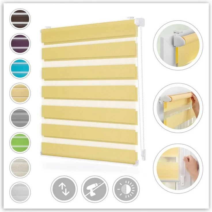 Lichtblick Doppelrollo Klemmfix ohne Bohren, Streifen, Blickdicht, Klemmträger-Montage, Sichtschutz, Wandmongtage, Deckenmontage, für Fenster und Türen Gelb,120x150 cm (B x L) – Bild 1