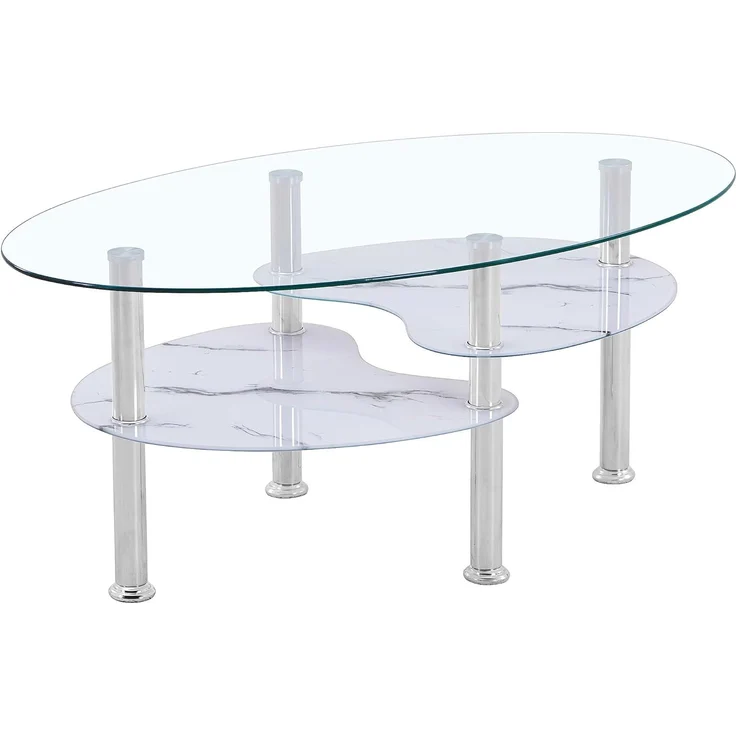 HOOZ Couchtisch HOOZ Couchtisch 98x55cm Klarglas mit Marmor weiß Ablage (Wohnzimmertisch, perfekt als Beistelltisch), Tischplatte Klarglas mit Ablage in Marmorweiß – Bild 1