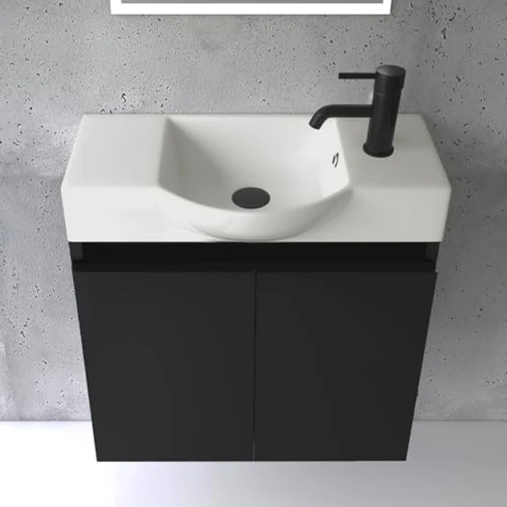 Alpenberger Badmöbel-Set Gäste WC Waschbecken mit Unterschrank 55 cm Breit, (Schwarzer Badschrank Klein, Waschtischunterschrank mit Softclose), Keramik Einbauwaschbecken Eckig Oval – Bild 4