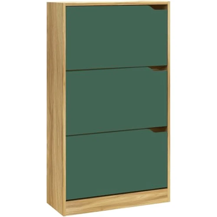 BAKAJI Scarpiera 3 ante 3 Türen Ablagen doppelte Tiefe Schuhschrank 63 x 24 x 115 cm, Holzwerkstoff, Grün und Eiche, Standard – Bild 2