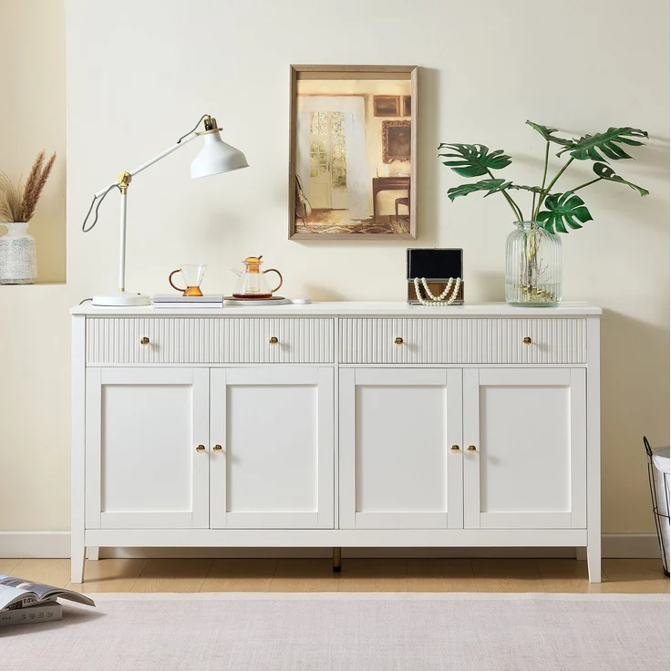DESVIAE Sideboard mit 2 Schubladen und 4 Türen 160x82x40 cm aus MDF Weiß – Bild 5