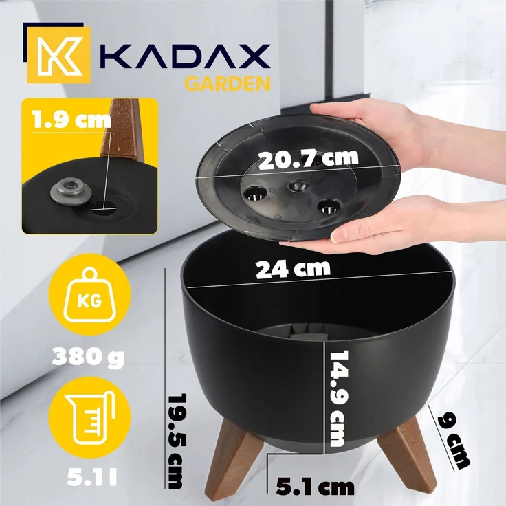KADAX Blumentopf Blumentopf 24 cm Abdeckung + Einsteckbeine Blumenständer Schwarz – Bild 2