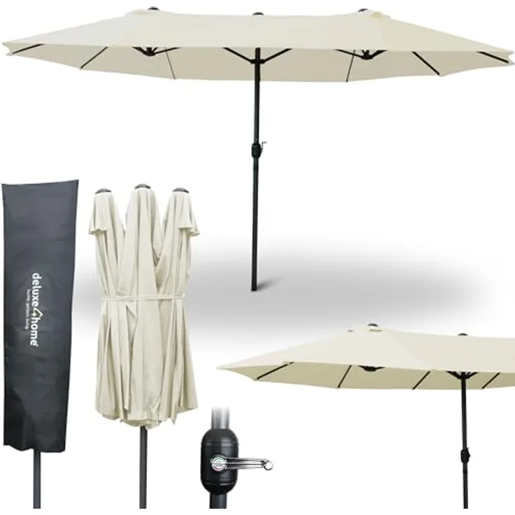deluxe4home XXL Doppelsonnenschirm 450cm x 260cm, faltbar mit Handkurbel, Creme