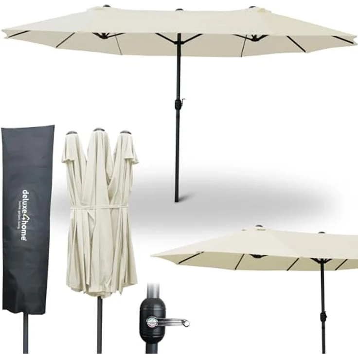 deluxe4home XXL Doppelsonnenschirm 450cm x 260cm, faltbar mit Handkurbel, Creme – Bild 1