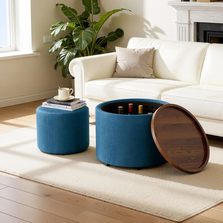 Ball & Cast 2er-Set Nesting-Hocker mit Stauraum, Fußhocker mit Leinenbezug und Holzablage, 58 cm runder Couchtisch & Bank, Blau--Blau--59.6x59.6x38cm--YOUDENOVA