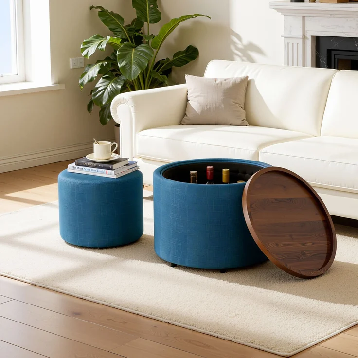 Ball & Cast 2er-Set Nesting-Hocker mit Stauraum, Fußhocker mit Leinenbezug und Holzablage, 58 cm runder Couchtisch & Bank, Blau--Blau--59.6x59.6x38cm--YOUDENOVA – Bild 1