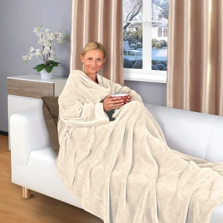 Wohndecke flauschige, tragbare Kuscheldecke mit Ärmeln und Fußtasche 180x150 cm, Gräfenstayn, warme Ärmeldecke - TV Decke zum Anziehen - 180x150 cm creme – Bild 1