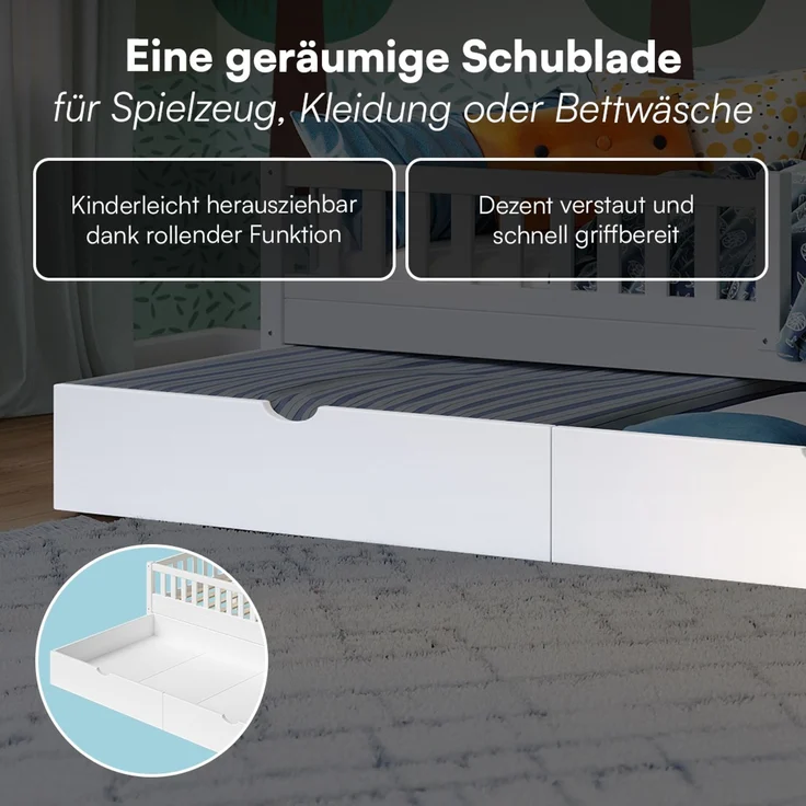 Bellabino 'Vils' Kinderbett 90x200 cm mit Matratze und großer Schublade, weiß, Kiefer Massivholz, Montessori Bett mit Stauraum, mit abnehmbarem Rausfallschutz und Lattenrost – Bild 5