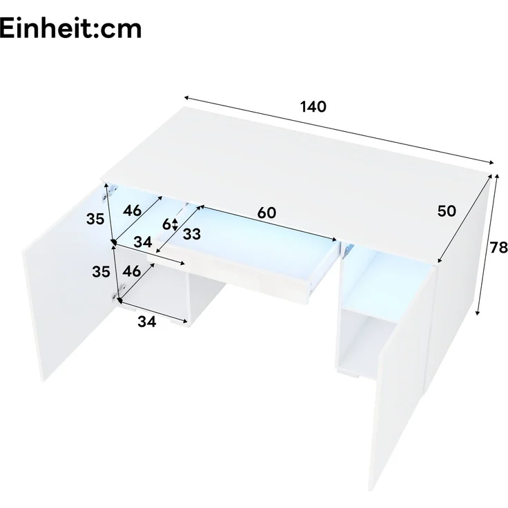 Schreibtisch aus Spanplatte mit LED-Beleuchtung und Stauraum, 140x50x78 cm, Weiß – Bild 4