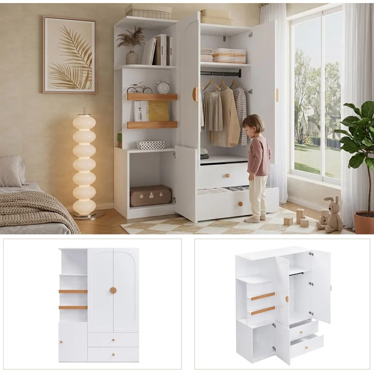 Merax Kleiderschrank mit Stauraum, Mehrzweckschrank in Weiß/Natur, Garderobenschrank mit Schubladen, Kleiderstange und offenen Regalfächern – Bild 6