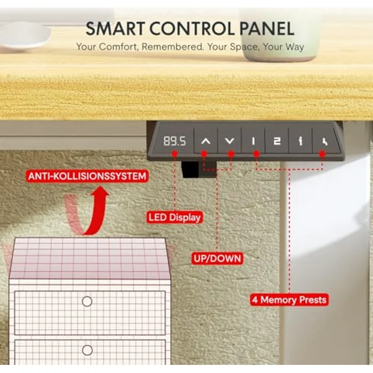SANODESK Höhenverstellbarer Schreibtisch mit VOLLSTÄNDIGER TISCHPLATTE, 4 Zubehörteilen (Becherhalter, Haken, Aufbewahrungsbox, Kabelmanagement), ergonomisch für Büro und Homeoffice, Ahorn, 110x54 cm – Bild 8