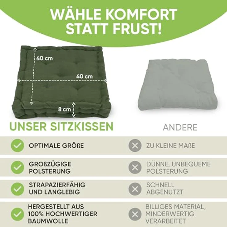 Gräfenstayn Sitzkissen 4er Set 40x40 cm mit 8 cm Polsterung aus 100 % Baumwolle -, robustes Sitzkissen für Indoor & Outdoor, bequemes Bodenkissen – Bild 8