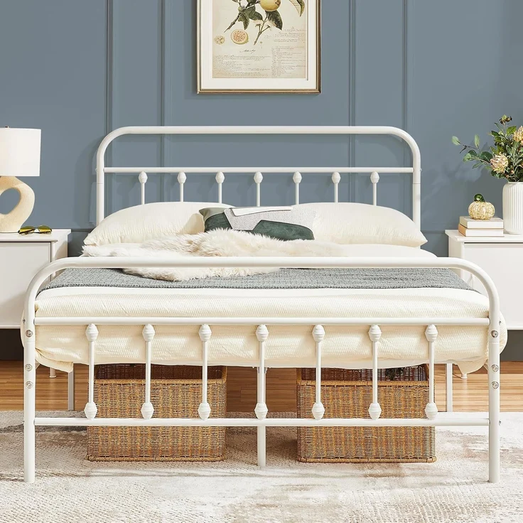 Yaheetech Bettrahmen Vintage Stil 140x200 cm Metallbett Bettgestell aus Metall mit Lattenrost, Modern Gästebett Jugendbett, Weiß – Bild 1