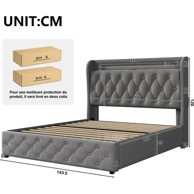 STILVORA Polsterbett 140x190 Stauraumbett mit Schubladen Jugendbett mit LED Samt-Stoff (Packung, 1-tlg, Kopfteil mit Einlegeböden und Stauraum), Doppelflachbett mit 4 Schubladen, Samt (ohne Matratze) – Bild 4