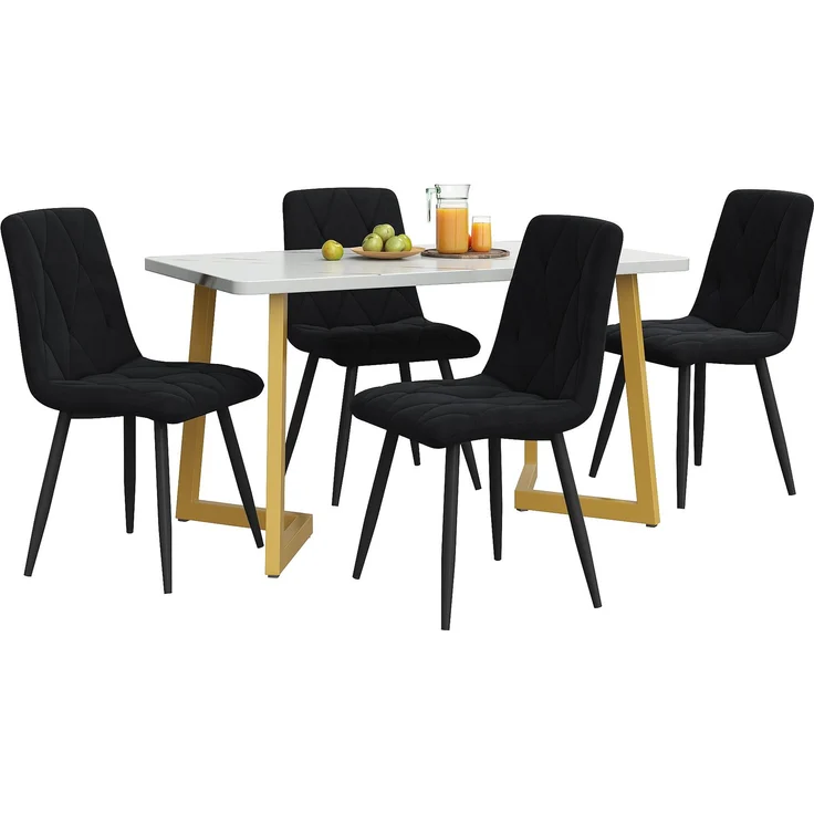 Essgruppe 5-teilig mit Esstisch 117×68 cm in Marmoroptik und 4 schwarzen Samtstühlen, moderner rechteckiger Küchentisch Set – Bild 2