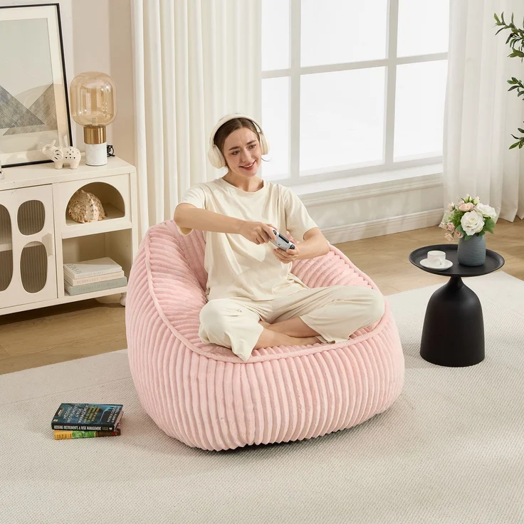 Bean Bag Stuhl mit Memory-Schaumstofffüllung, gestreifter Blasen-Plüsch, flauschig, gemütlich, gemütlicher Sofa für Wohnzimmer, Wohnungen und Schlafsäle--Rosa--98x92x73cm--YOUDENOVA – Bild 4
