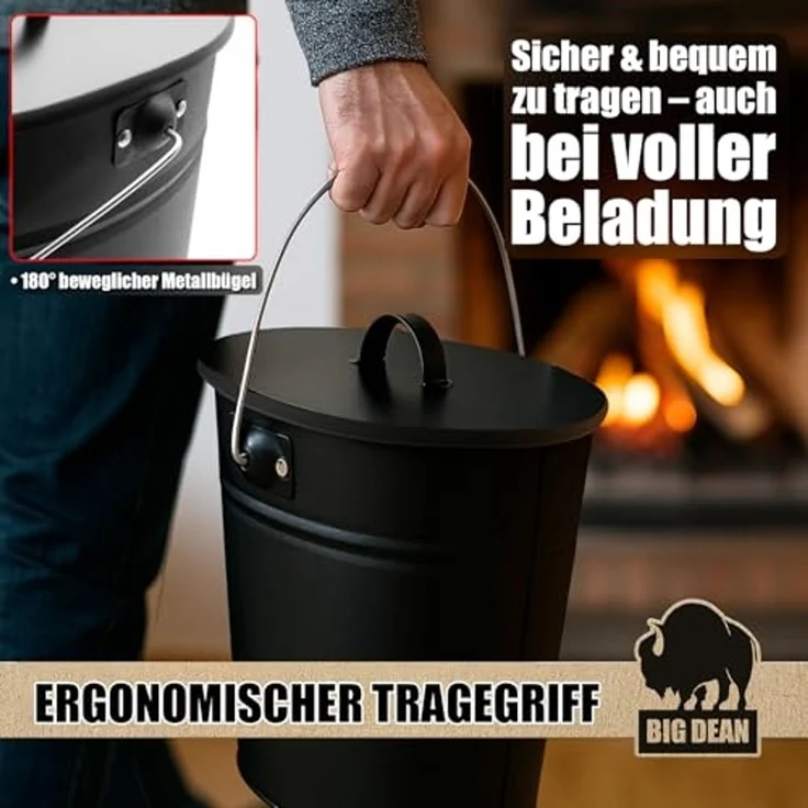 BigDean Aschekasten Ascheeimer mit Deckel 15 Liter mit Griff Ascheimer Oval – Bild 5