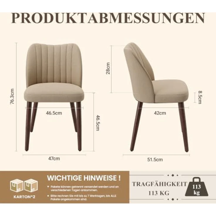 MALOL Esszimmerstühle 4er Set, Polsterstühl mit Rückenlehne, Ergonomisch Gepolsterte Küchenstühle mit vertikaler Rillenlehne, Moderne Esszimmer Stühle für Esstisch Wohnzimmer Café Restaurant, Kamel – Bild 2