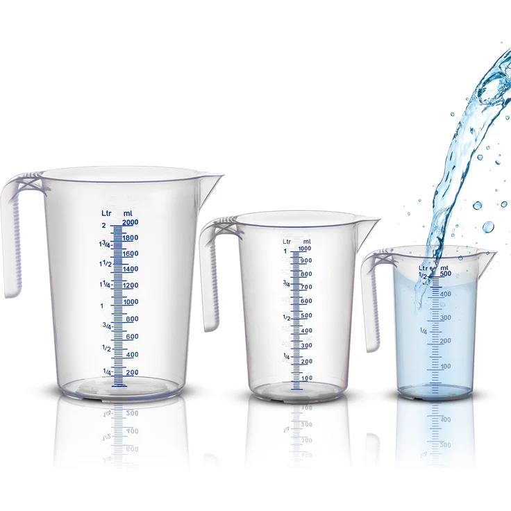 BigDean Messbecher-Set - 3 Größen: 500ml, 1L, 2L - bruchsicher, temperaturbeständig, farbige Skala transparent & blau - aus PP-Kunststoff lebensmittelecht - Made in Germany – Bild 1