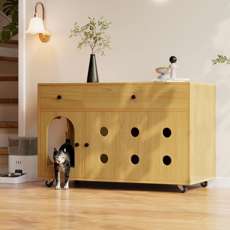 Katzenkloschrank (bewegliche Katzentoilette) – Katzenschrank/Katzenhaus mit abnehmbare Sandablassplatte, geruchsisoliert, ohne Katzenklo, 100×45×66 cm (Naturholzfarbe, Gelbmaplefarbe) – Bild 4