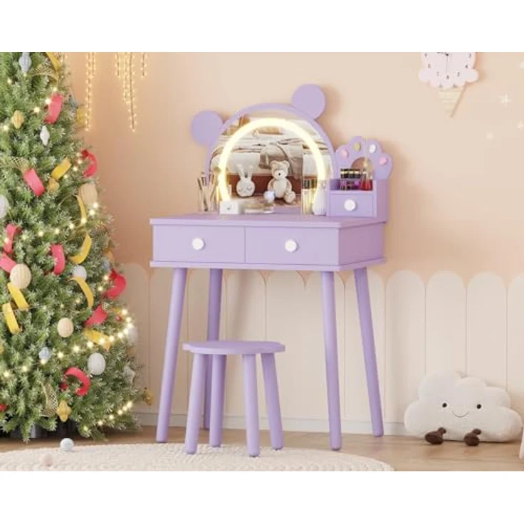 GarveeLife Schminktisch für Kinder, Mädchen, mit Spiegel & LED-Licht in 3 Farben mit 2 Schubladen, für Kinder von 3 – 8 Jahren, 55 x 38 x 101 cm – Bild 3