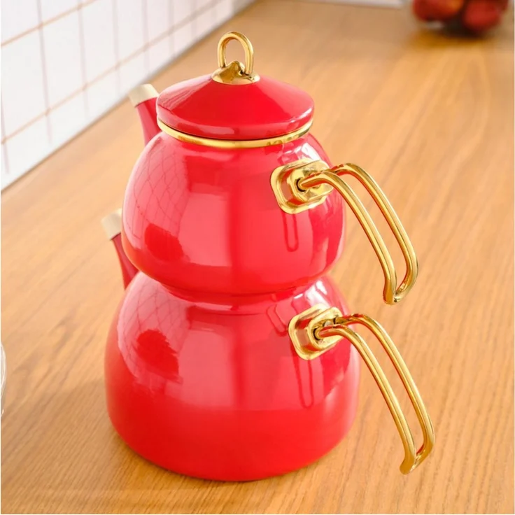 Karaca Teekanne Karaca Retro Emaille-Teekannen-Set, 3.4L, Rot, Induktionsgeeignet – Bild 4