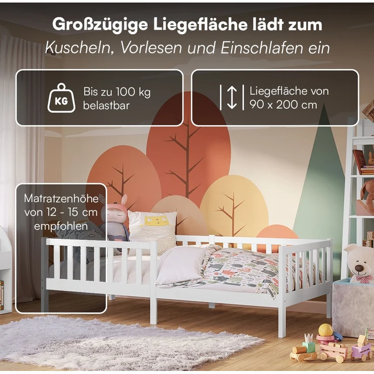 Bellabino 'Vere' Kinderbett 90x200 cm mit Matratze, weiß, Massivholz Kiefer, Jugendbett mit Rausfallschutz und Lattenrost – Bild 5
