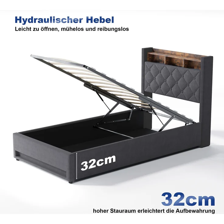 Multifunktionales Polsterbett aus Samt mit LED, USB & Stauraum, ohne Matratze, 90x190 cm, Grau – Bild 8