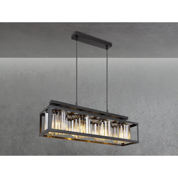 Hängeleuchte Metall schwarz, Glaskristalle rauch H 120 cm