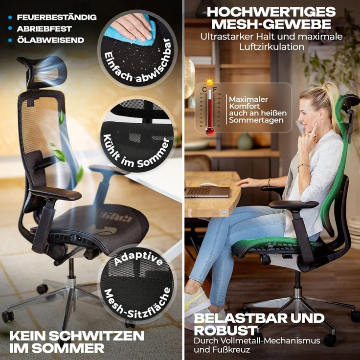 VALKENSTOL M6 MESH-SITZ Bürostuhl ergonomisch bis 1,95m - 5 Jahre Garantie - Schreibtischstuhl mit verstellbarer Sitztiefe - Lordosenstütze – Bild 4