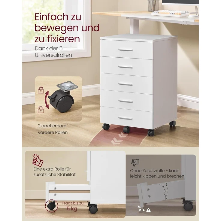 VASAGLE Rollcontainer, mit 5 Schubladen, mit schraubenlosen Gleitschienen, Holz wolkenweiß, 40 x 42 x 65,7 cm – Bild 6