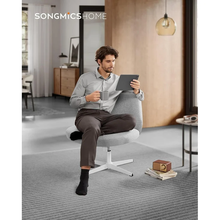 SONGMICS HOME Schneidersitz Stuhl, Schminkstuhl, Drehstuhl ohne Armlehnen, Schreibtischstuhl, breite Sitzfläche, modern, mit Kreuzfuß, höhenverstellbar, Wippfunktion, Taubengrau OBG046G01 – Bild 3