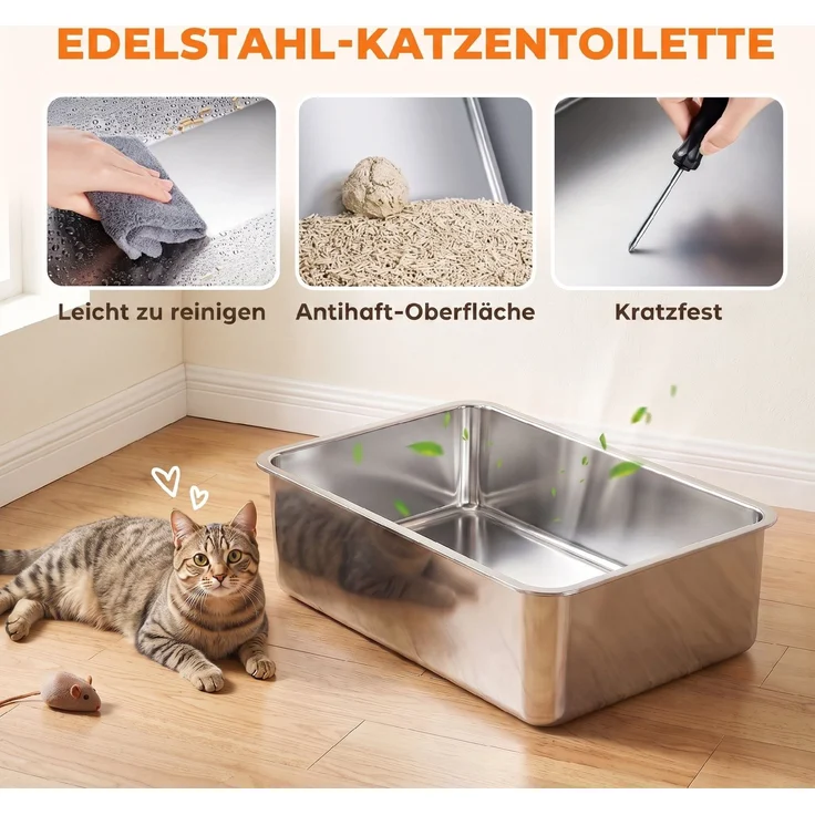 PawHut Katzentoilette, Edelstahl, Kunststoff, Schwarz, 60L x 40B x 30H cm – Bild 6