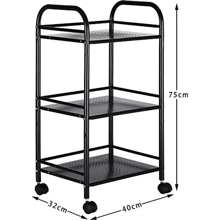 BAKAJI Werkzeugwagen aus Metall für Bad Küche oder Friseurkommode mit 4 Rädern, 3 Ablagen, 40 x 35 x 75 cm, Multifunktion 3 Stufen (schwarz) – Bild 6