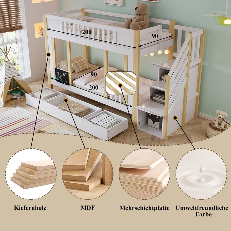 Etagenbett 90×200 cm platzsparendes Kinderbett mit Treppenschrank & 3 Schubladen auf Rollen,kleine Kritzeltafel,Weiß & Natur – Bild 8
