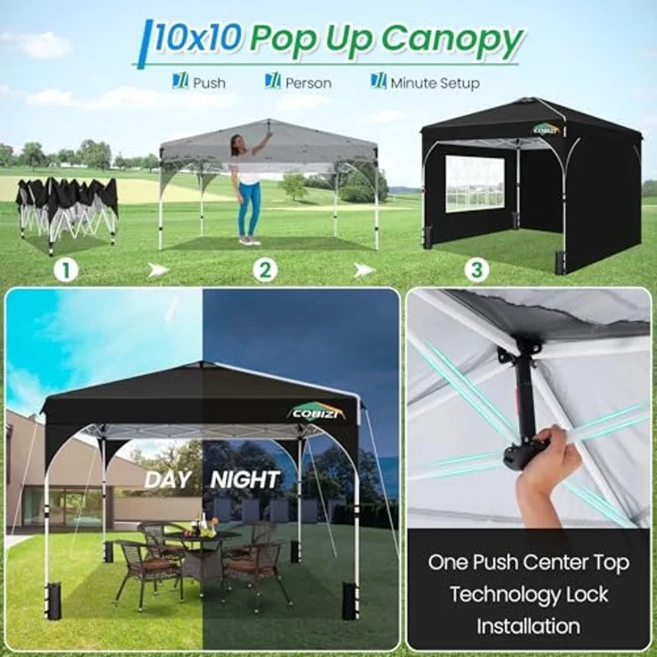 COBIZI Pavillon 3x3 Wasserdicht Stabil Winterfest Faltpavillon Gartenpavillon Partyzelt Pop Up Pavillon Klappbar UV Schutz 50+ Höhenverstellbar mit Entlüftung & 3 Stoffstücken&4 Sandsäcke， Schwarz – Bild 2