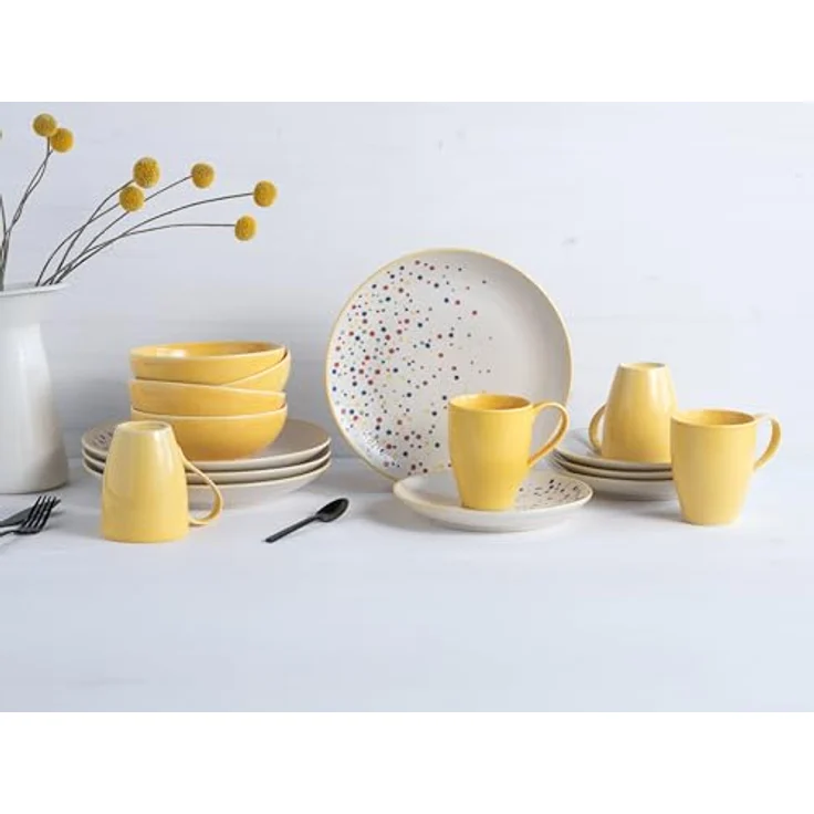 Creatable Kombiservice Joy, 16-teiliges Geschirr-Set in Creme und Gelb, handbemalt, lebensmittelecht, stapelbar, Keramik mit Punkten, 300 ml und 400 ml – Bild 1