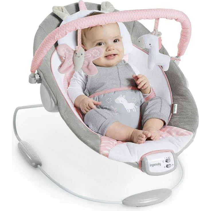 Ingenuity, Babywippe mit Vibration und 8 Melodien, Flora the Unicorn - abnehmbare spielbogen, gepolsterter Kopfstütze, Sicherheitsgurt, Babysitz ,Lautstärkeregler, grau / rosa, ab der Geburt bis 9kg – Bild 7