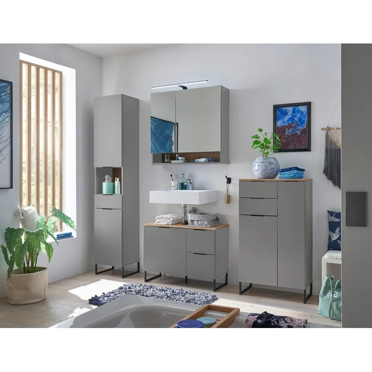 Hochschrank >Denver< 2 Türen, 1 Schublade, grau / evoke eiche Dekor - 38x195x32cm (BxHxT) – Bild 7